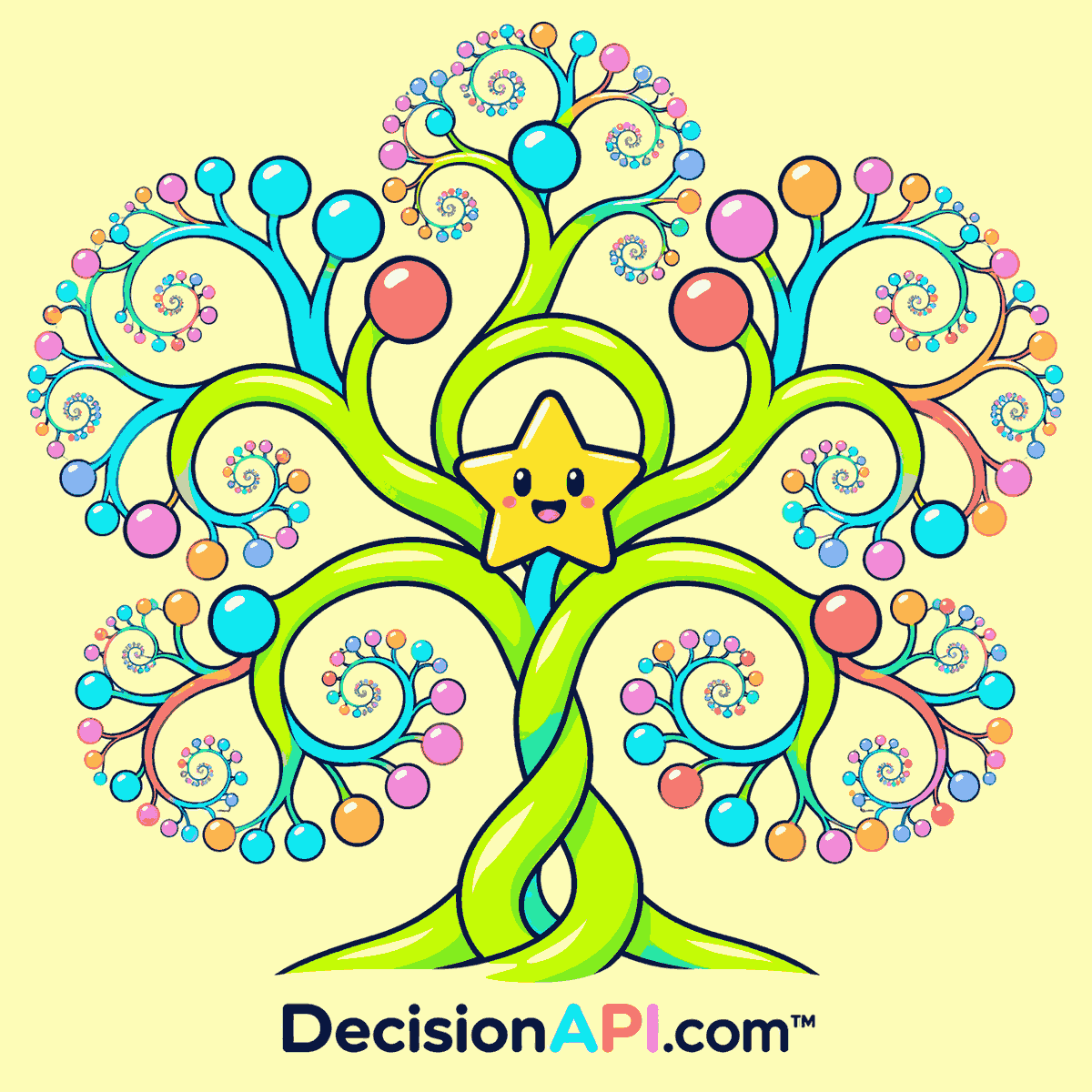 A cheerful branching decision tree with a compass and check marks — DecisionAPI.com™