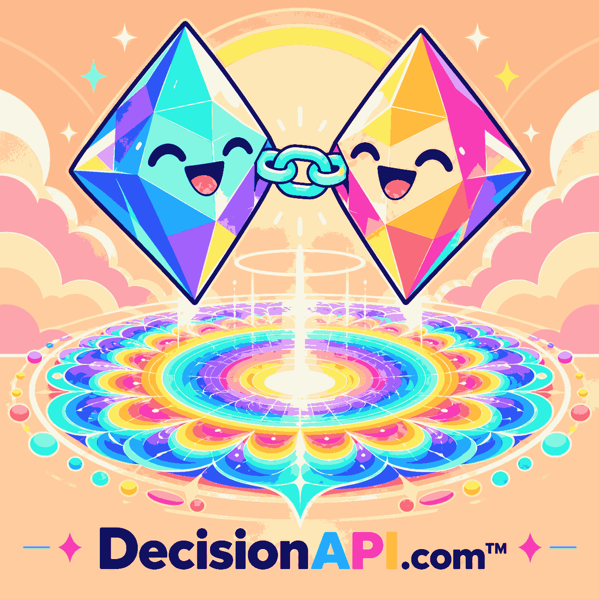 A smiling oracle planet linking colorful geometric Ethereum and Solana inspired pathways to a rainbow fractal decision tree — DecisionAPI.com™