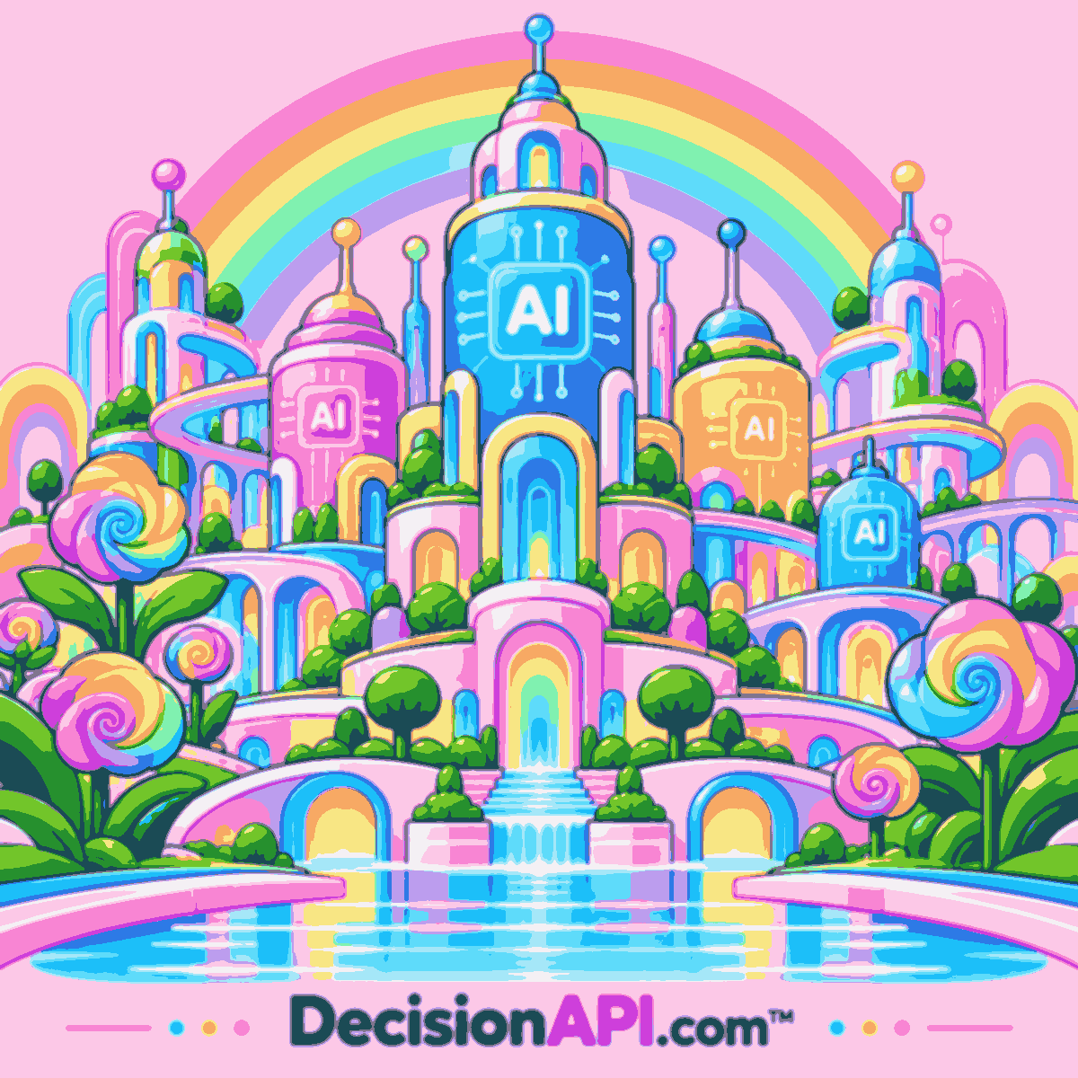 A friendly colorful city of different AI building blocks sharing decision signals — DecisionAPI.com™
