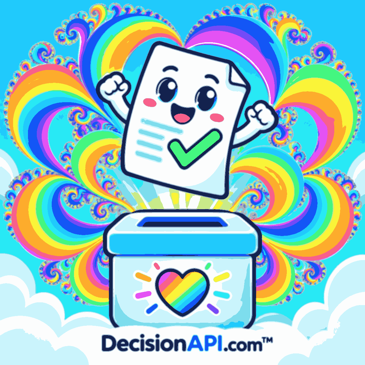 A smiling geometric document and ballot box joined by rainbow fractal ribbons, neon checkmarks, and pastel privacy locks — DecisionAPI.com™