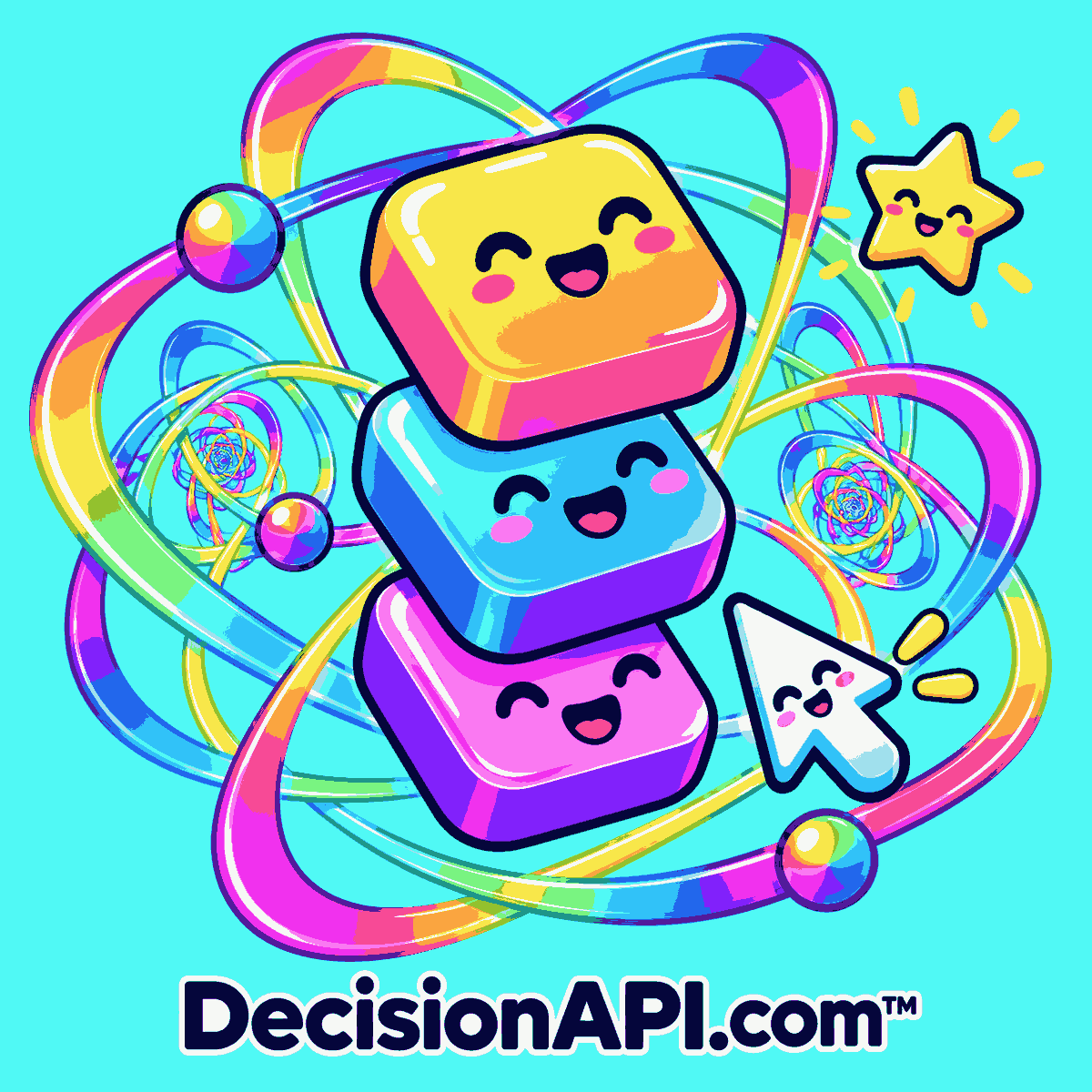 A rainbow stack of cheerful app windows connected by colorful decision paths — DecisionAPI.com™