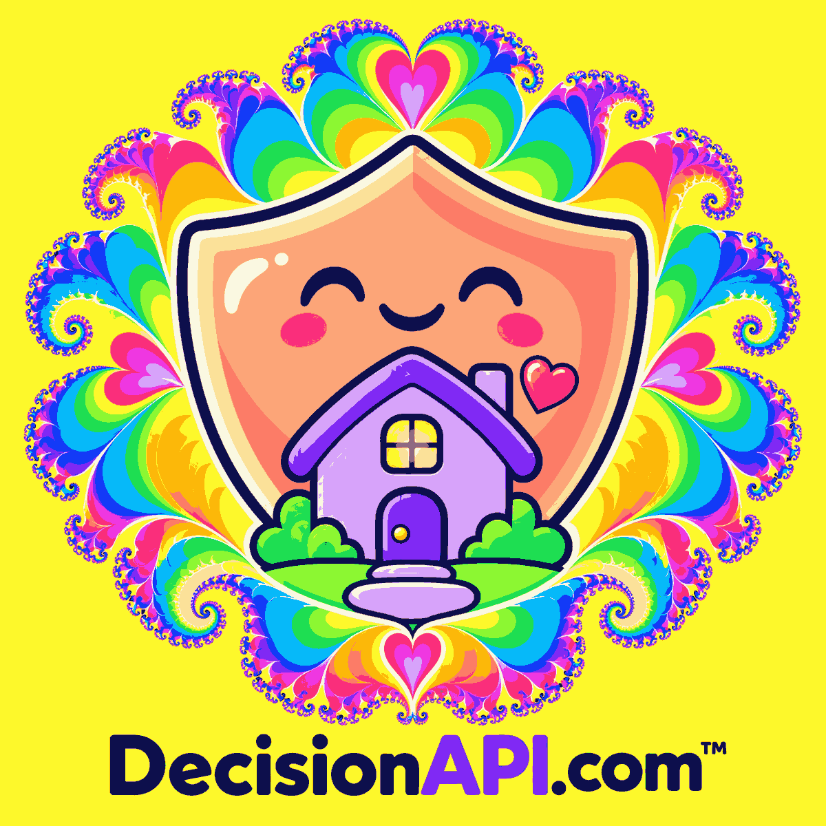 A cheerful pastel house and umbrella protected by neon evidence tiles and a colorful fractal shield — DecisionAPI.com™