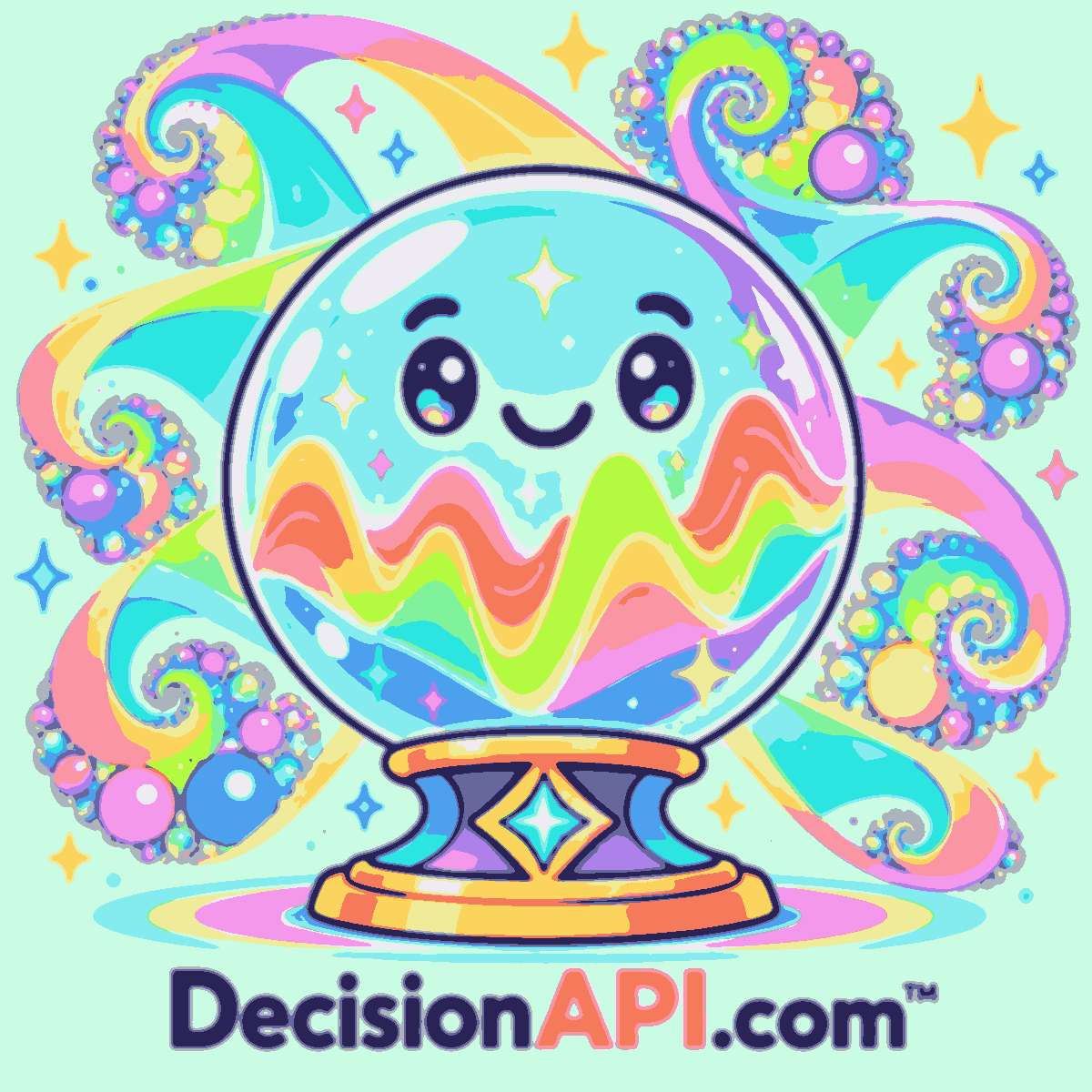 A joyful crystal ball with neon probability paths, pastel stadium shapes, and a rainbow fractal question mark — DecisionAPI.com™