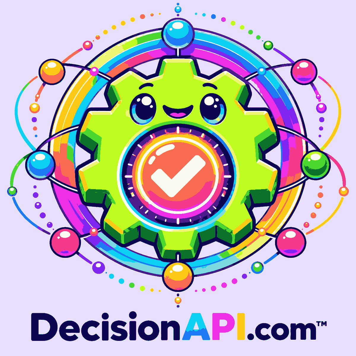 A friendly neon robot assembling a pastel decision tree from schema blocks, evidence stars, and rainbow fractal circuits — DecisionAPI.com™