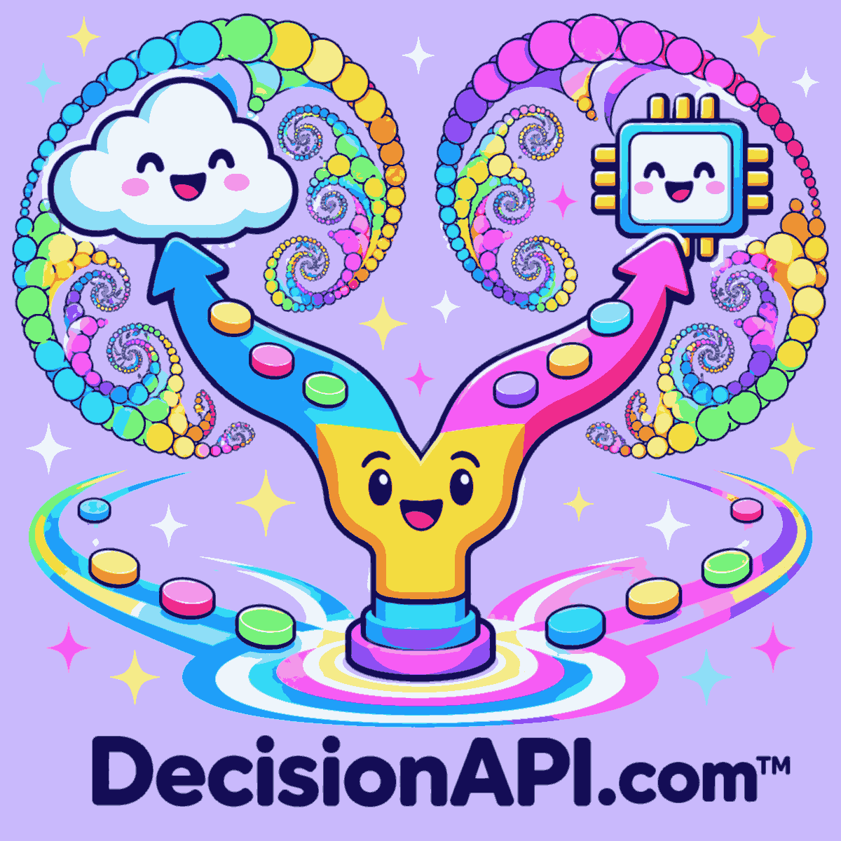 A friendly rainbow traffic controller routing stars between a laptop and a cloud — DecisionAPI.com™